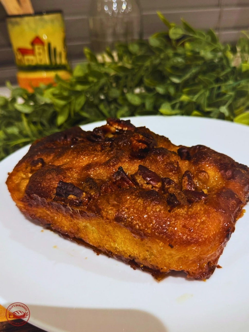 Sticky pecan sourdough focaccia with pecans and maple topping