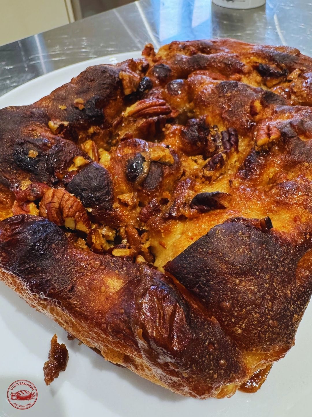Sliced sticky pecan sourdough focaccia