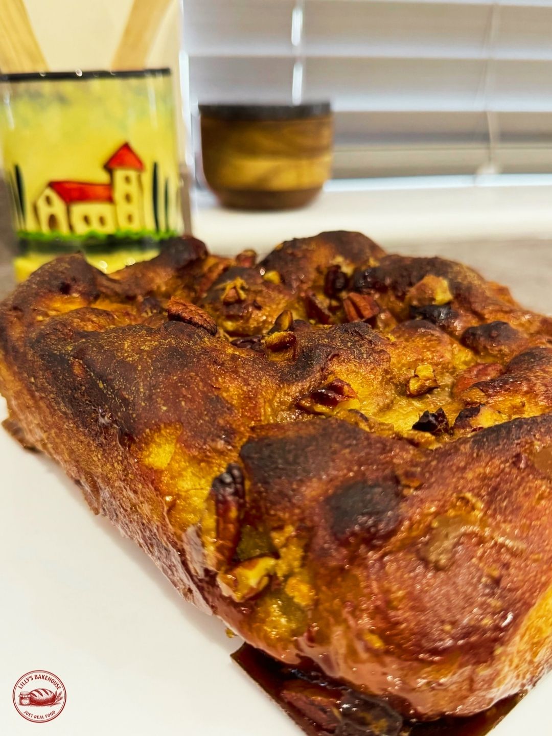 Whole sticky pecan sourdough focaccia